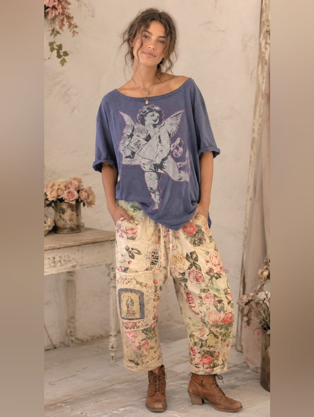 Magnolia Look Off Shoulder blue Free Style Cotton Boho Shirt Blouse Top L New